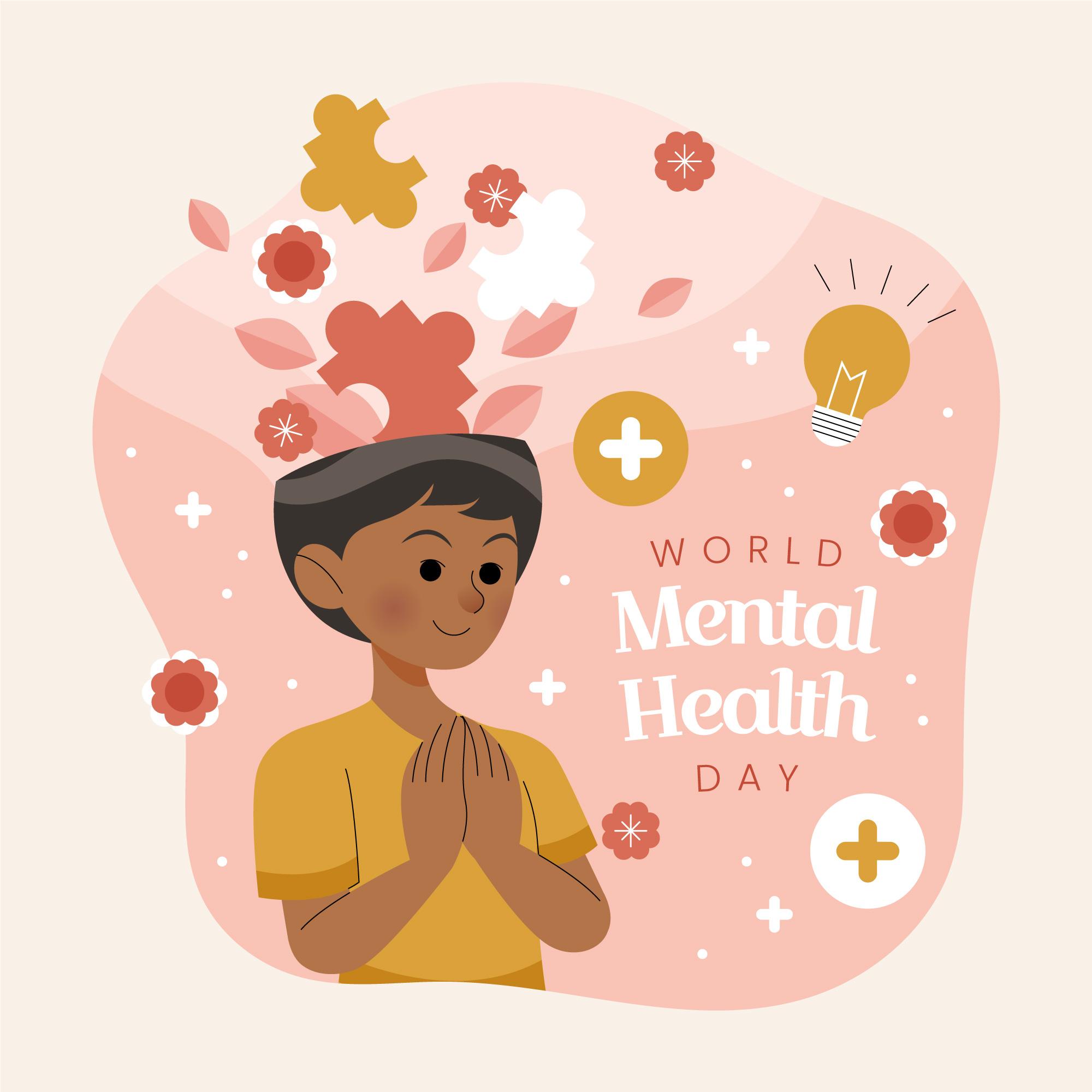 A boy with a flower in his head on a pink background with the words world mental health day.